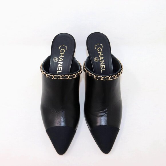 Chanel 38.5 2 Tone Leather Grosgrain Leather Mule Chain CC Detail Heel Boots - Picture 5 of 14